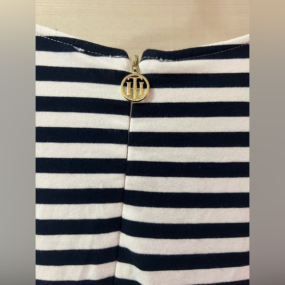 Tommy Hilfiger Navy White Striped Dress Ruffle Cuffs Size Small Nautical Chic - Picture 6 of 6